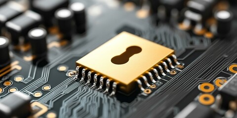 Poster - Close-up of a gold microchip on a black circuit board showcasing intricate electronic components and connections