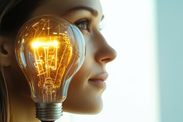 Wall Mural - a glowing lightbulb merges with a woman's face, symbolizing creativity and bright ideas.