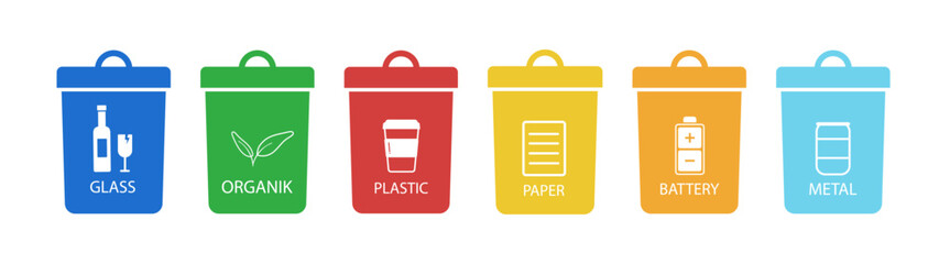 Trash bin. Sorting garbage by material and type in colored trash cans. Ecology rubbish recycling illustration. Vector isolated icons.