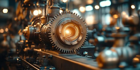Poster - Intricate machinery with glowing light showcases industrial design in a bustling workshop setting