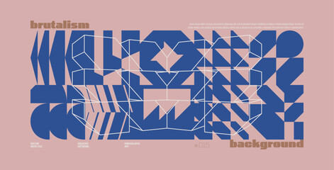 Poster - Brutalism abstract vector tea rose color background with Postmodern geometric graphic shapes in Y2K aesthetics, trendy colorful modernism artwork banner, various brutal form and line elements