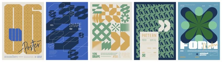 Poster - Set modernism art colorful trendy posters, artwork in minimalism and brutalism style, abstract geometric A4 rave postmodern composition, vector simple shapes print graphic in Y2K aesthetics, set 23