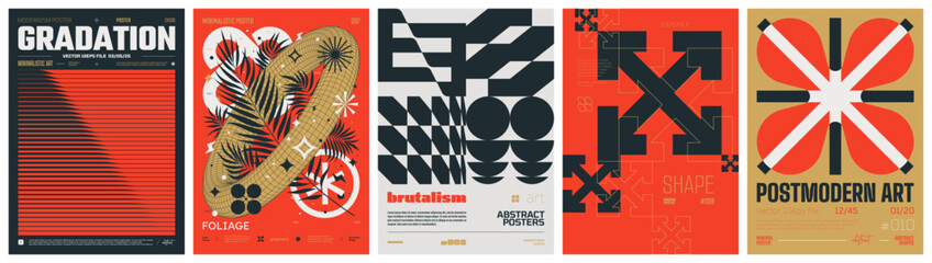 Poster - Set modernism art colorful trendy posters, artwork in minimalism and brutalism style, abstract geometric A4 rave postmodern composition, vector simple shapes print graphic in Y2K aesthetics, set 24