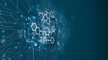 Abstract digital background with hexagons and circuit lines, symbolizing network, technology, connection, and innovation, ideal for tech presentations or website banners