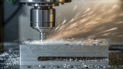 Aufkleber - A closeup of a CNC machines ting tool entering a block of metal with fine details of the shavings emerging portraying the craftsmanship involved in the machining.