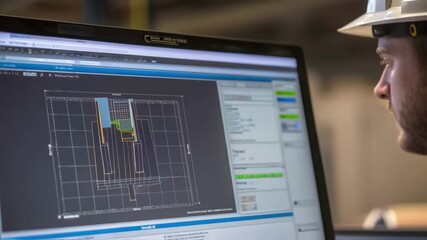 Aufkleber - A closeup of a computer screen showing a complex CAD software interface filled with layers and 3D models with faint reflections of an engineer observing it from the side.