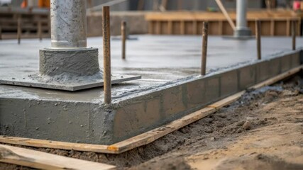 Aufkleber - A closeup of a concrete foundation being poured for a cooling tower with wet concrete textures and tools indicating the initial stages of construction.