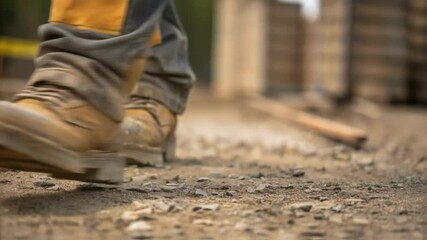 Poster - A closeup of a construction workers boots covered in dirt and gravel standing firmly on the ground symbolizing stability and the groundwork of construction labor.