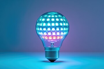 Wall Mural - a glowing lightbulb with a unique hexagonal pattern, emitting vibrant teal and pink hues against a b