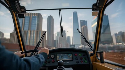 Aufkleber - A closeup of a crane operator inside the pit hands on the controls with the city skyline visible through the windshield emphasizing the complexity of urban construction.