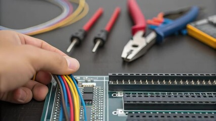 Aufkleber - A closeup of a hand adjusting a series of interconnected wires on a circuit board with tools like pliers and screwdrivers resting on a workbench highlighting the precision required