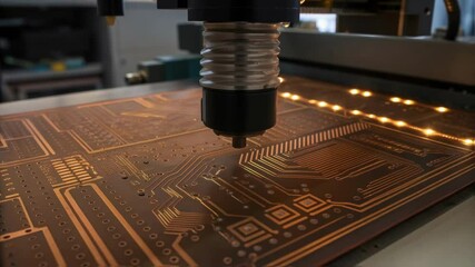 Poster - A closeup of an artistically illuminated printed circuit board with intricate patterns of copper traces emphasizing high precision in design and manufacturing.
