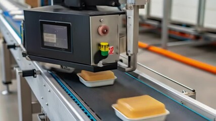 Aufkleber - A closeup of an automated conveyor belt feeding items to a weighing system with focus on the smooth operation and alignment of the products being weighed.