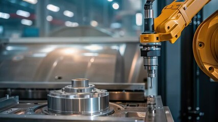 Aufkleber - A closeup of a robotic arm applying lubrication to a joint showcasing the intricate mechanics and the reflective surface of the machinery in the background.
