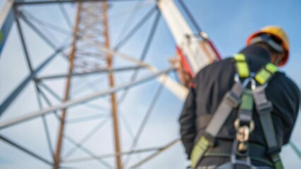 Poster - A closeup of a safety harness attached to a worker showcasing the intricate ss and clips while they prepare to ascend a transmission tower.
