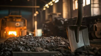 Poster - A closeup of a shovel dipping into a pile of scrap metal the heat from the furnace casting a warm light over the workers hands.