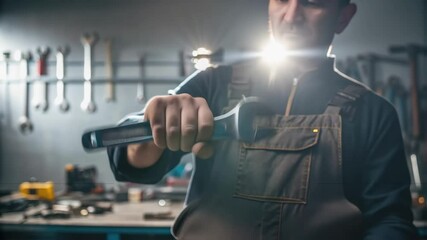 Poster - A closeup of a workers hands gripping a tool firmly with a bright workspace illuminated in the background illustrating industriousness.