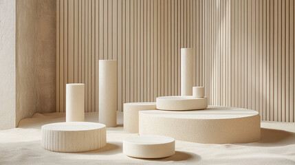 Poster - beige cylindrical podiums and platforms on sand, against a light wood slat wall. showcase scene, ide