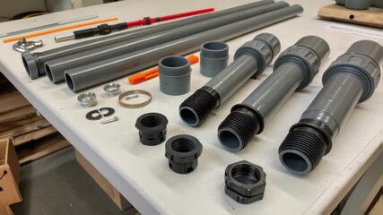 Aufkleber - A closeup of different types of connectors and fittings laid out on a bench illustrating the various components needed for stormwater drainage systems assembly.