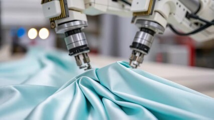 Poster - A closeup of robotic grippers gently handling delicate textiles highlighting the softtouch technology designed to prevent fabric damage.