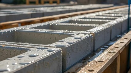Poster - A closeup of the concrete curing process showing wet concrete being poured into molds for prefabricated components with droplets glistening in the sunlight.
