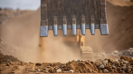 Poster - A closeup of the excavators bucket as it digs deep into the earth dirt and pebbles cascading down illustrating the machines strength and the rugged environment.