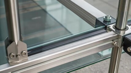 Aufkleber - A closeup of the fastening mechanism used to secure glass panels to the steel frame providing insight into the merger of form and function.