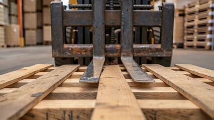 Aufkleber - A closeup of the forklifts fork piercing through a wooden pallet showcasing the texture of the wood and the metal components of the machinery.