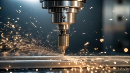 Fototapete - A closeup showing a CNC machine bit carving precise threads into a steel rod with tiny metallic particles flying and a focused light illuminating the process.