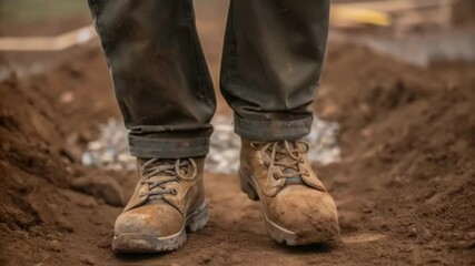 Poster - A closeup showing a workers muddy boots standing on the freshly laid ballast embedding small stones into the soft earth beneath.