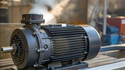 Aufkleber - A closeup showing the powerful motor of the water pump highlighting the cooling fins and electrical connections with steam rising above it.