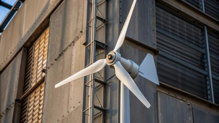 Aufkleber - A closeup view of a small wind turbine mounted on an industrial building with the turbines intricate blade structure contrasting against the rugged surface of the facility.