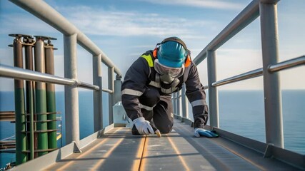 Poster - A crew member applies protective coating to metal railings wearing a respirator and gloves while leaning over the edge of the platform with the sea visible below.