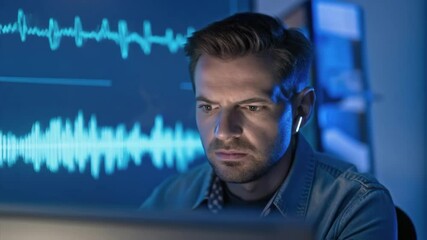 Poster - A medium closeup capturing the concentration on an engineers face as they observe sound wave patterns on a computer screen illuminated by blue light.