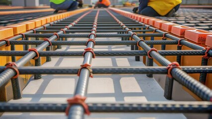 Aufkleber - A medium closeup capturing the intricate layout of containment barriers with workers collaboratively placing interlocking sections for durability.