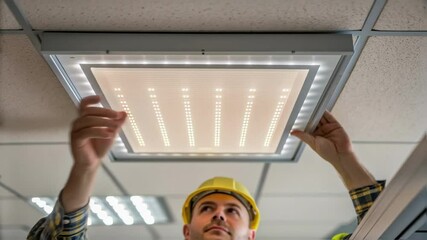 Poster - A medium closeup of a bright LED panel being installed into a recessed ceiling mount showcasing the beam of light illuminating the workers focused expression.