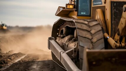 Poster - A medium closeup of a bulldozers blade pushing soil with mud splattering against the camera lens emphasizing the power and force of the machinery.