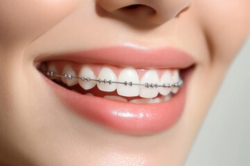 Poster - Perfect close-up of a bright smile featuring braces on a minimalistic white background with soft lighting and high-detail reflections Generative AI