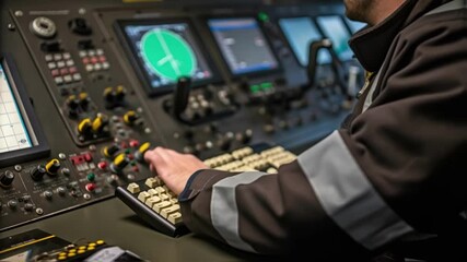 Aufkleber - A medium closeup of a crew member in a hard hat and safety goggles concentrating intently on a control panel filled with gauges levers and screens displaying realtime data from the