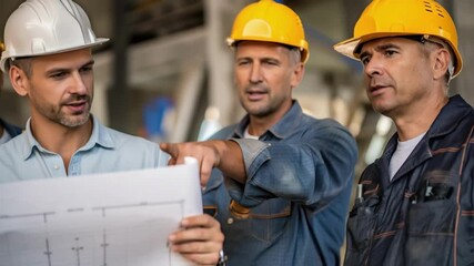 Aufkleber - A medium closeup of a foreman discussing plans with crew members emphasizing the collaboration and communication a the team with blueprints and measuring tools in hand.