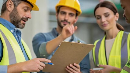 Poster - A medium closeup of a group of workers engaged in a safety conversation with one holding a clipboard and taking notes symbolizing collaboration and communication.