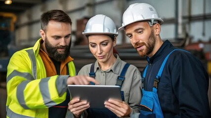 Aufkleber - A medium closeup of a group of workers reviewing a digital tablet displaying project plans surrounded by rail components and tools illustrating modern teamwork and technology.