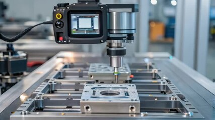 Aufkleber - A medium closeup of a hightech machine performing an inspection with a digital camera capturing images of components revealing the blending of vision systems into manufacturing.