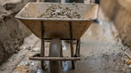 Poster - A medium closeup of a laborer pouring cement into an irrigation ditch using a wheelbarrow the mixtures thick consistency creating small splatters around the area.