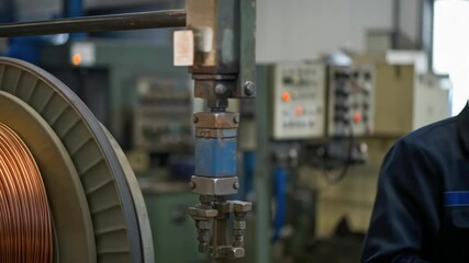 Aufkleber - A medium closeup of a machine operator guiding thick copper wires as they enter a twisting apparatus emphasizing the meticulous craftsmanship involved in cable manufacturing.