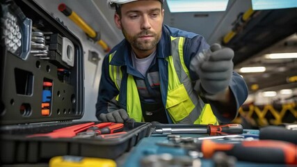 Aufkleber - A medium closeup of a maintenance worker inspecting machinery before loading with tools and spare parts laid out on a nearby surface.