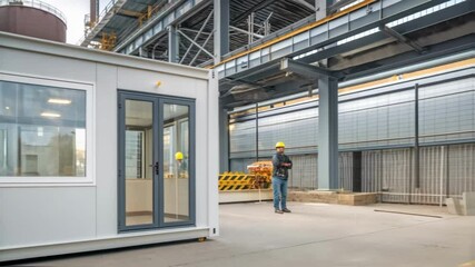 Aufkleber - A medium closeup of a modular units exterior highlighting large transparent windows that allow natural light to fill the interior surrounded by urban factory elements.
