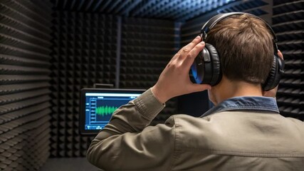Aufkleber - A medium closeup of an engineer wearing headphones attentively monitoring sound levels on a digital display surrounded by acoustic panels.