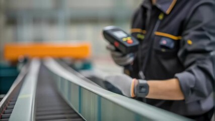 Aufkleber - A medium closeup of an engineer wearing safety goggles carefully adjusting a conveyor belts speed with a handheld remote control emphasizing their focused expression.