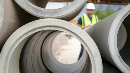 Aufkleber - A medium closeup of an operator inspecting the curing process of a freshly cast concrete pipe examining its smooth surface for any imperfections.